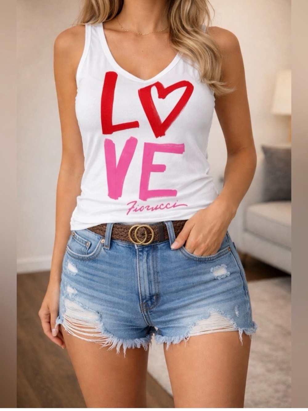 Fiorucci White Tank Top with Red & Pink LOVE Graphic/ NWT / S / Ptp-18”